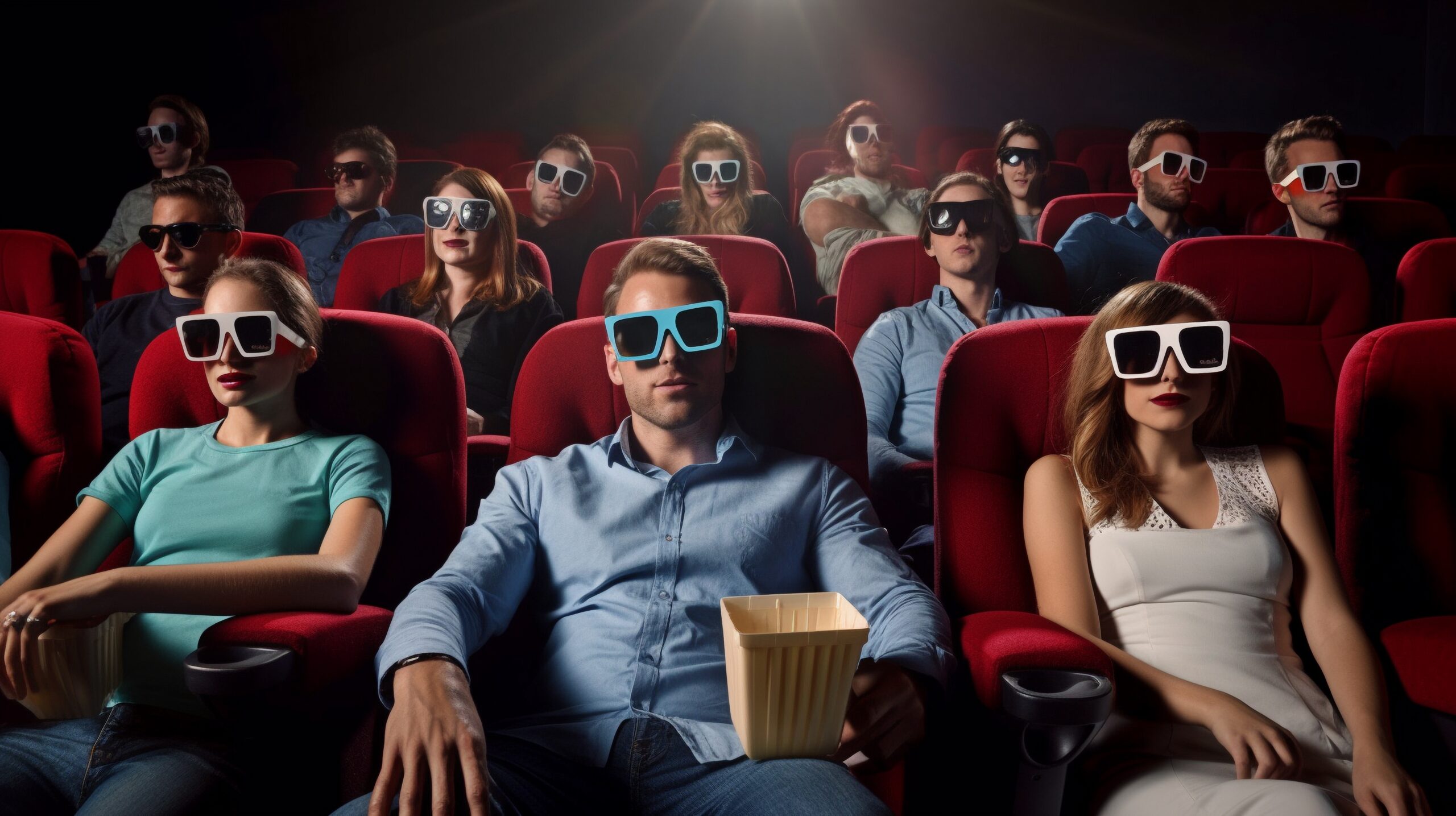 Generative AI moviegoers in 3D glasses